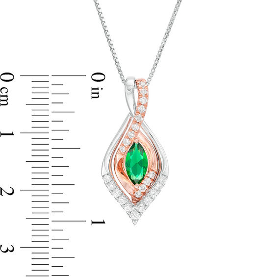 Marquise Lab-Created Emerald and 0.23 CT. T.W. Diamond Flame Three-in-One Pendant in Sterling Silver and 10K Rose Gold