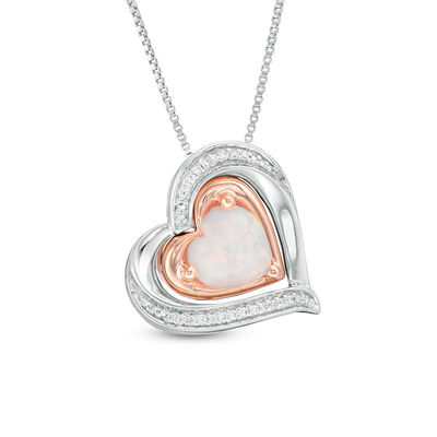 Lab-Created Opal and 0.04 CT. T.W. Diamond Double Heart Frame Three-in-One Pendant in Sterling Silver and 10K Rose Gold