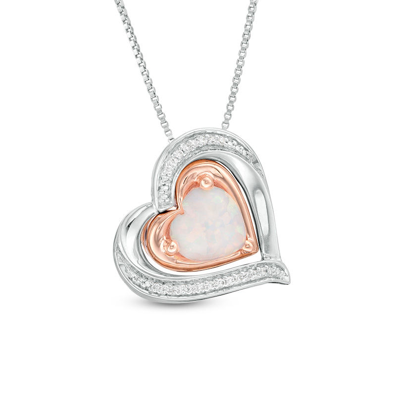 Lab-Created Opal and 0.04 CT. T.W. Diamond Double Heart Frame Three-in-One Pendant in Sterling Silver and 10K Rose Gold|Peoples Jewellers