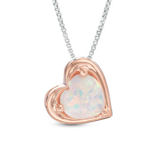 Lab-Created Opal and 0.04 CT. T.W. Diamond Double Heart Frame Three-in-One Pendant in Sterling Silver and 10K Rose Gold