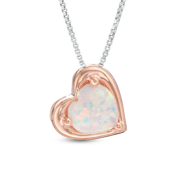 Lab-Created Opal and 0.04 CT. T.W. Diamond Double Heart Frame Three-in-One Pendant in Sterling Silver and 10K Rose Gold