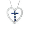 Lab-Created Blue and White Sapphire Heart Outline with Cross Three-in-One Pendant in Sterling Silver