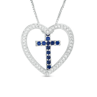 Lab-Created Blue and White Sapphire Heart Outline with Cross Three-in-One Pendant in Sterling Silver