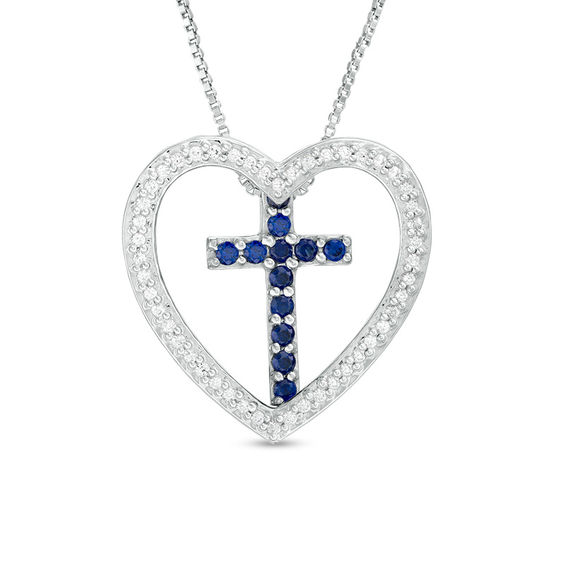 Lab-Created Blue and White Sapphire Heart Outline with Cross Three-in-One Pendant in Sterling Silver