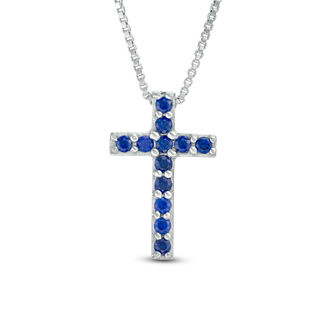 Lab-Created Blue and White Sapphire Heart Outline with Cross Three-in-One Pendant in Sterling Silver