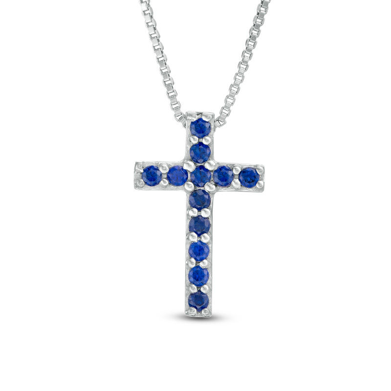 Lab-Created Blue and White Sapphire Heart Outline with Cross Three-in-One Pendant in Sterling Silver|Peoples Jewellers