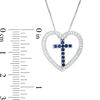 Lab-Created Blue and White Sapphire Heart Outline with Cross Three-in-One Pendant in Sterling Silver