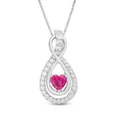 6.0mm Heart-Shaped Lab-Created Ruby and White Sapphire Infinity and Teardrop Three-in-One Pendant in Sterling Silver