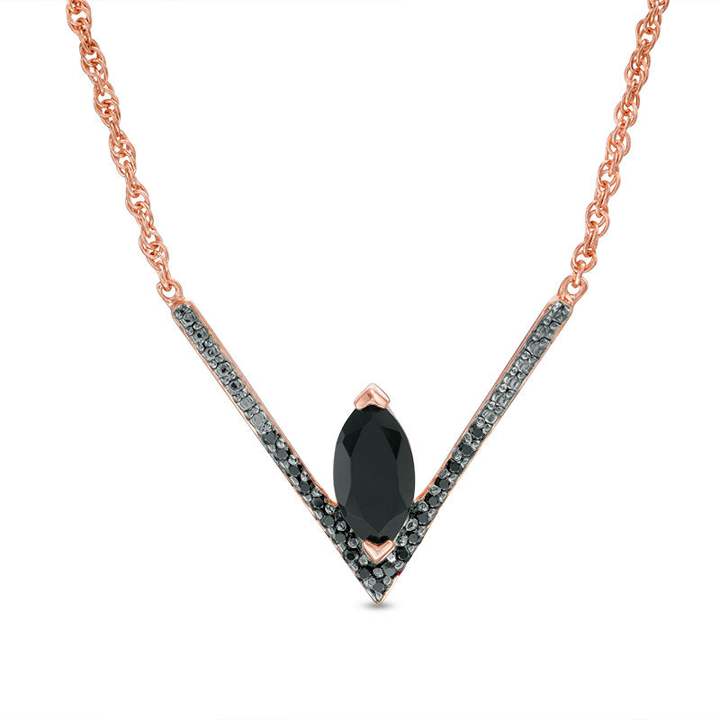 Onyx and 0.085 CT. T.W. Black Diamond Chevron Necklace in Sterling Silver with 14K Rose Gold Plate - 17"|Peoples Jewellers