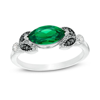 Sideways Marquise Lab-Created Emerald and 0.085 CT. T.W. Enhanced Black and White Diamond Leaves Ring in 10K White Gold