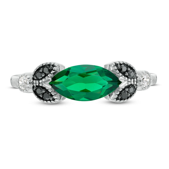 Sideways Marquise Lab-Created Emerald and 0.085 CT. T.W. Enhanced Black and White Diamond Leaves Ring in 10K White Gold