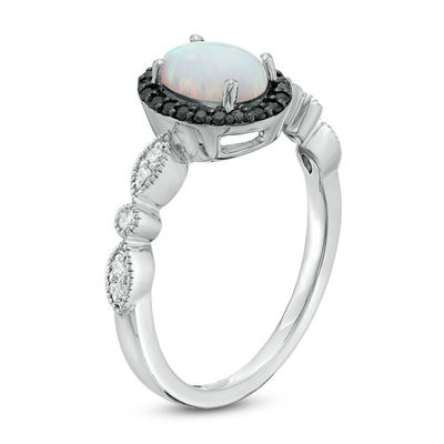 Oval Lab-Created Opal and 0.14 CT. T.W. Enhanced Black and White Diamond Frame Ring in Sterling Silver