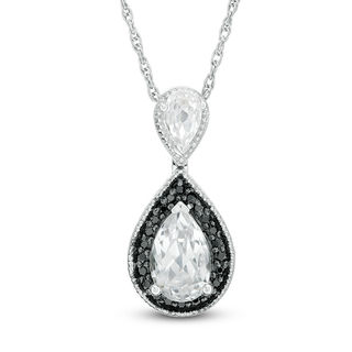 Pear-Shaped Lab-Created White Sapphire and 0.085 CT. T.W. Black Diamond Frame Drop Pendant in Sterling Silver