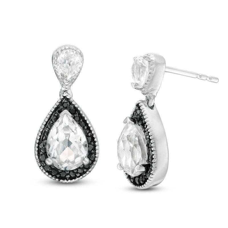 Pear-Shaped Lab-Created White Sapphire and 0.14 CT. T.W. Black Diamond Frame Drop Earrings in Sterling Silver