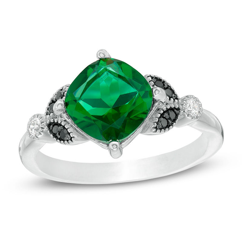8.0mm Cushion-Cut Lab-Created Emerald and 0.085 CT. T.W. Enhanced Black and White Diamond Leaves Ring in Sterling Silver