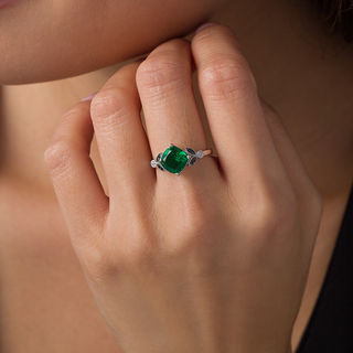 8.0mm Cushion-Cut Lab-Created Emerald and 0.085 CT. T.W. Enhanced Black and White Diamond Leaves Ring in Sterling Silver