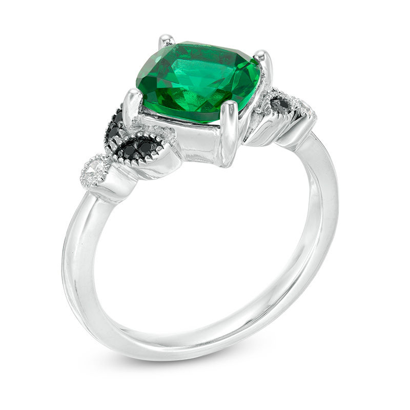 8.0mm Cushion-Cut Lab-Created Emerald and 0.085 CT. T.W. Enhanced Black and White Diamond Leaves Ring in Sterling Silver