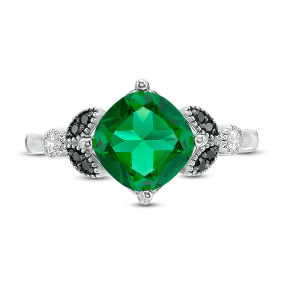 8.0mm Cushion-Cut Lab-Created Emerald and 0.085 CT. T.W. Enhanced Black and White Diamond Leaves Ring in Sterling Silver