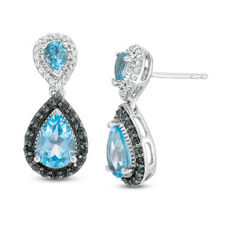 Pear-Shaped Blue Topaz and 0.29 CT. T.W. Enhanced Black and White Diamond Frame Drop Earrings in Sterling Silver