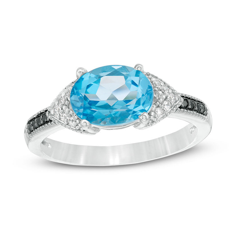 Sideways Oval Blue Topaz and 0.065 CT. T.W. Enhanced Black and White Diamond Vintage-Style Ring in Sterling Silver