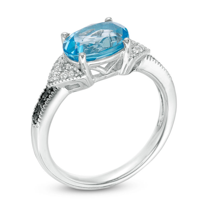 Sideways Oval Blue Topaz and 0.065 CT. T.W. Enhanced Black and White Diamond Vintage-Style Ring in Sterling Silver|Peoples Jewellers