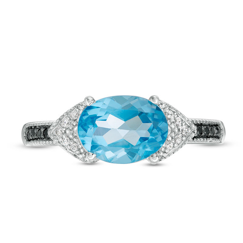 Sideways Oval Blue Topaz and 0.065 CT. T.W. Enhanced Black and White Diamond Vintage-Style Ring in Sterling Silver