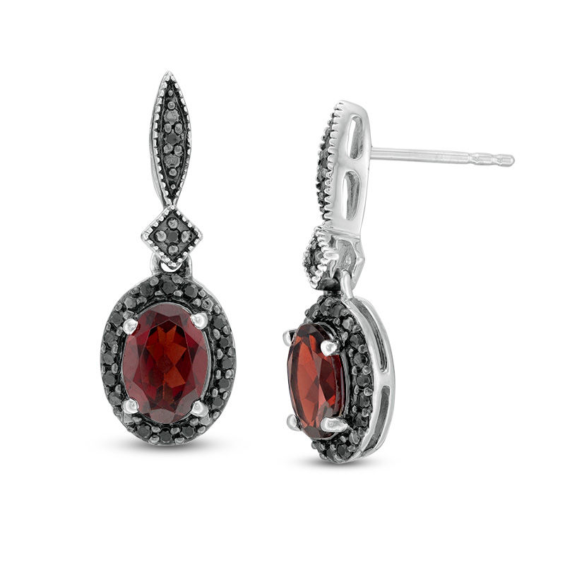 Oval Garnet and 0.18 CT. T.W. Black Diamond Vintage-Style Drop Earrings in Sterling Silver|Peoples Jewellers