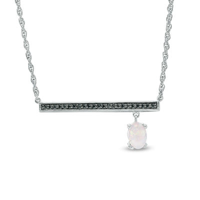 Oval Lab-Created Opal and 0.04 CT. T.W. Black Diamond Bar Necklace in Sterling Silver