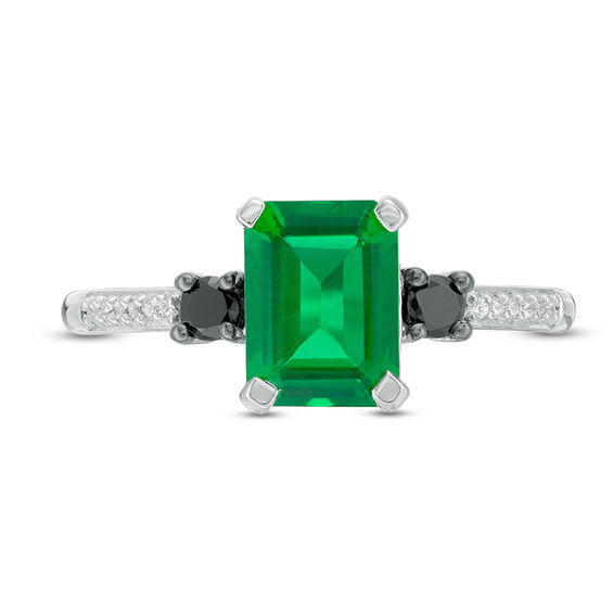 Emerald-Cut Lab-Created Emerald and 0.14 CT. T.W. Enhanced Black and White Diamond Ring in 10K White Gold