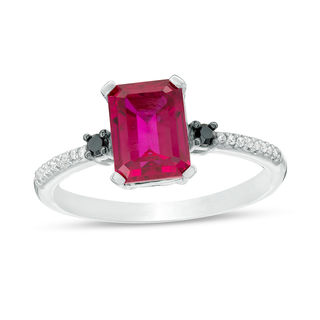 Emerald-Cut Lab-Created Ruby and 0.085 CT. T.W.  Black and White Diamond Ring in 10K White Gold