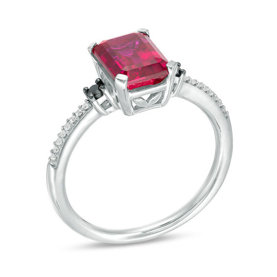 Emerald-Cut Lab-Created Ruby and 0.085 CT. T.W.  Black and White Diamond Ring in 10K White Gold