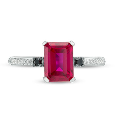 Emerald-Cut Lab-Created Ruby and 0.085 CT. T.W.  Black and White Diamond Ring in 10K White Gold