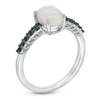 Oval Lab-Created Opal and 0.18 CT. T.W. Black Diamond Ring in Sterling Silver