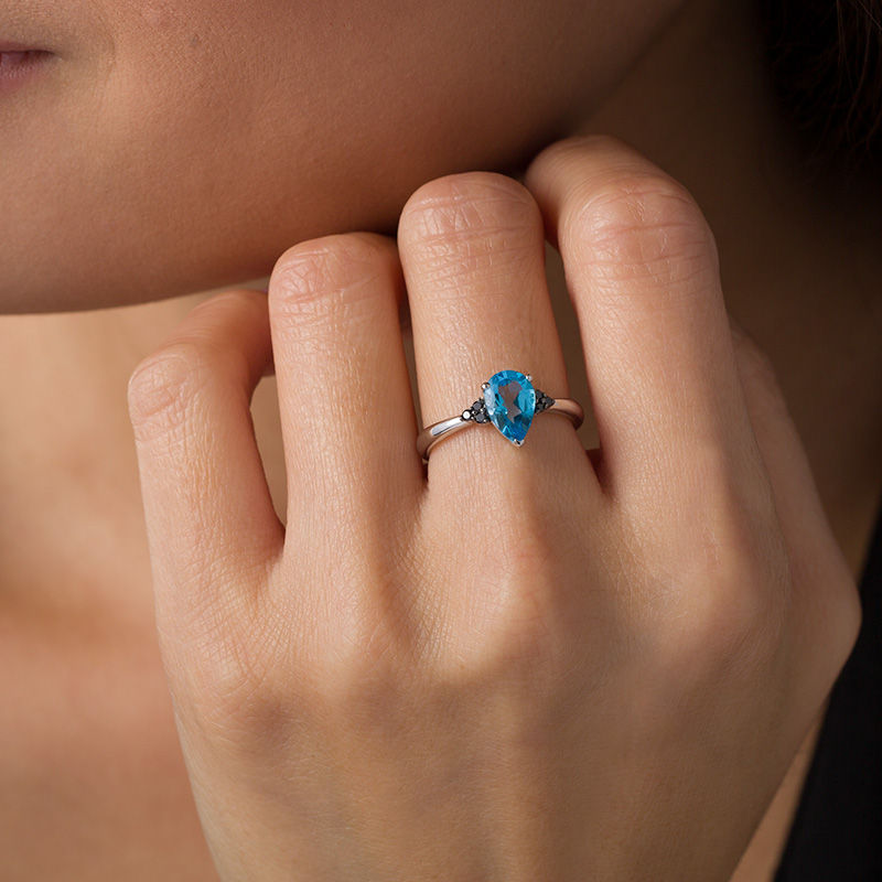 Pear-Shaped Blue Topaz and 0.065 CT. T.W. Black Diamond Tri-Sides Ring in Sterling Silver|Peoples Jewellers