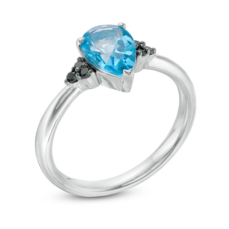 Pear-Shaped Blue Topaz and 0.065 CT. T.W. Black Diamond Tri-Sides Ring in Sterling Silver
