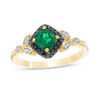 5.0mm Cushion-Cut Lab-Created Emerald and 0.11 CT. T.W. Enhanced Black and White Diamond Leaves Ring in 10K Gold