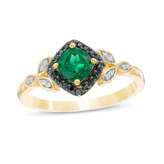 5.0mm Cushion-Cut Lab-Created Emerald and 0.11 CT. T.W. Enhanced Black and White Diamond Leaves Ring in 10K Gold