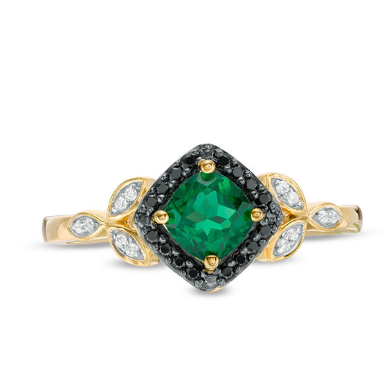 5.0mm Cushion-Cut Lab-Created Emerald and 0.11 CT. T.W. Enhanced Black and White Diamond Leaves Ring in 10K Gold