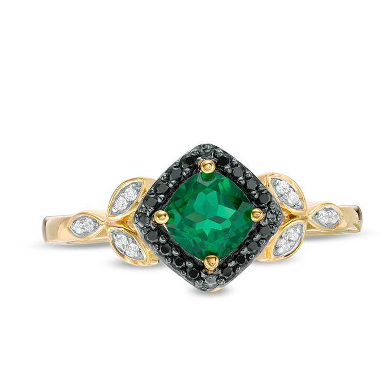 5.0mm Cushion-Cut Lab-Created Emerald and 0.11 CT. T.W. Enhanced Black and White Diamond Leaves Ring in 10K Gold|Peoples Jewellers