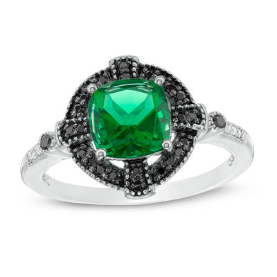 Lab-Created Emerald and 0.14 CT. T.W. Enhanced Black and White Diamond Gothic-Style Cross Frame Ring in 10K White Gold