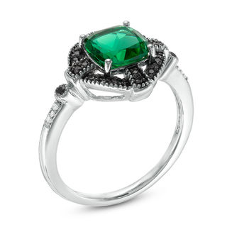 Lab-Created Emerald and 0.14 CT. T.W. Enhanced Black and White Diamond Gothic-Style Cross Frame Ring in 10K White Gold