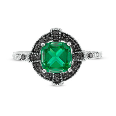 Lab-Created Emerald and 0.14 CT. T.W. Enhanced Black and White Diamond Gothic-Style Cross Frame Ring in 10K White Gold