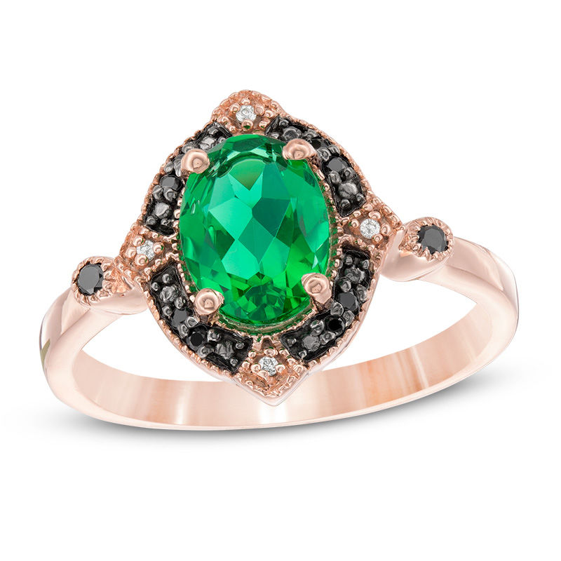 Oval Lab-Created Emerald and 0.065 CT. T.W.  Black and White Diamond Vintage-Style Ring in 10K Rose Gold|Peoples Jewellers