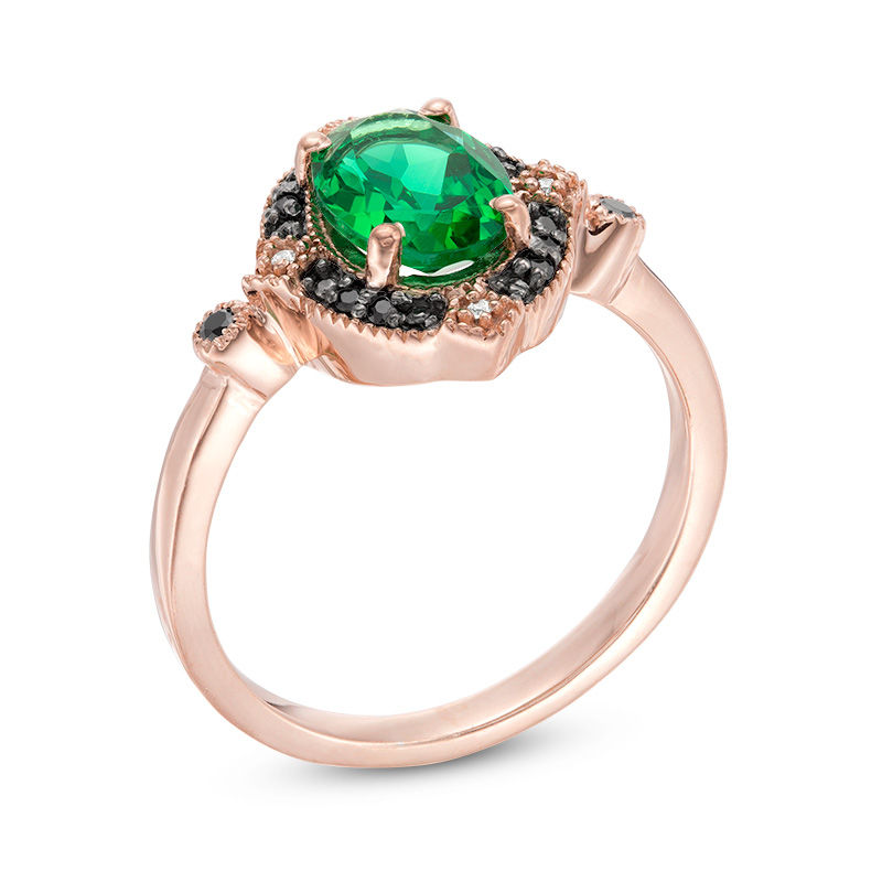 Oval Lab-Created Emerald and 0.065 CT. T.W.  Black and White Diamond Vintage-Style Ring in 10K Rose Gold