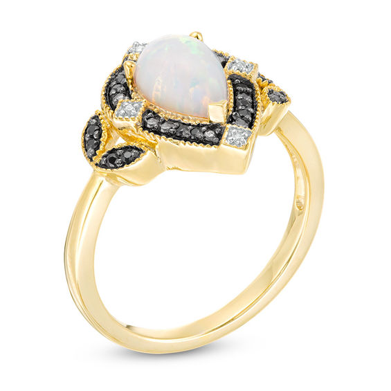 Pear-Shaped Lab-Created Opal and 0.085 CT. T.W. Enhanced Black and White Diamond Art Deco Frame Ring in 10K Gold