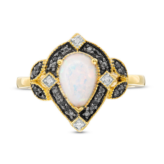 Pear-Shaped Lab-Created Opal and 0.085 CT. T.W. Enhanced Black and White Diamond Art Deco Frame Ring in 10K Gold