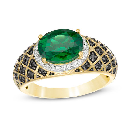 Sideways Oval Lab-Created Emerald and 0.29 CT. T.W. Enhanced Black and White Diamond Quilt Dome Ring in 10K Gold