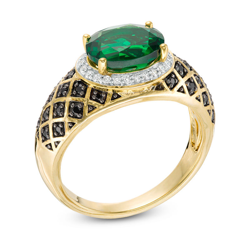 Sideways Oval Lab-Created Emerald and 0.29 CT. T.W. Enhanced Black and White Diamond Quilt Dome Ring in 10K Gold|Peoples Jewellers