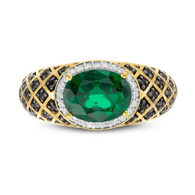 Sideways Oval Lab-Created Emerald and 0.29 CT. T.W. Enhanced Black and White Diamond Quilt Dome Ring in 10K Gold