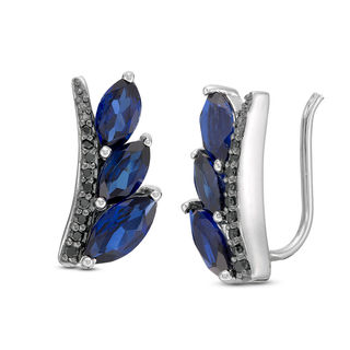 Marquise Lab-Created Blue Sapphire and 0.085 CT. T.W. Black Diamond Leaves Crawler Earrings in Sterling Silver